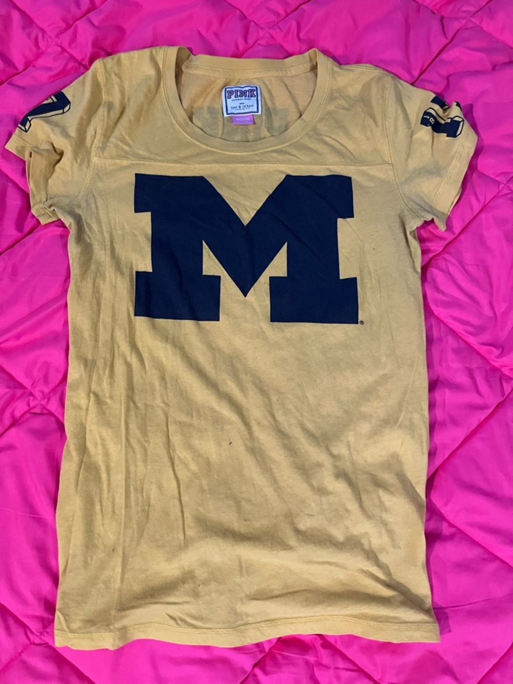 PINK Victoria's Secret Yellow Tee with Navy M Graphic